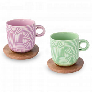Набор из 2-х кружек с подставками, 0,25 л, фарфор, дерево, сиреневый и зелёный, серия Радуга, EASY LIFE (R2S), Италия, Наборы кружек для чая