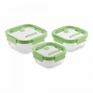 Набор из 3-х пищевых квадратных контейнеров, стекло, силикон, зеленый, серия At Home, LEKUE, Испания, At Home