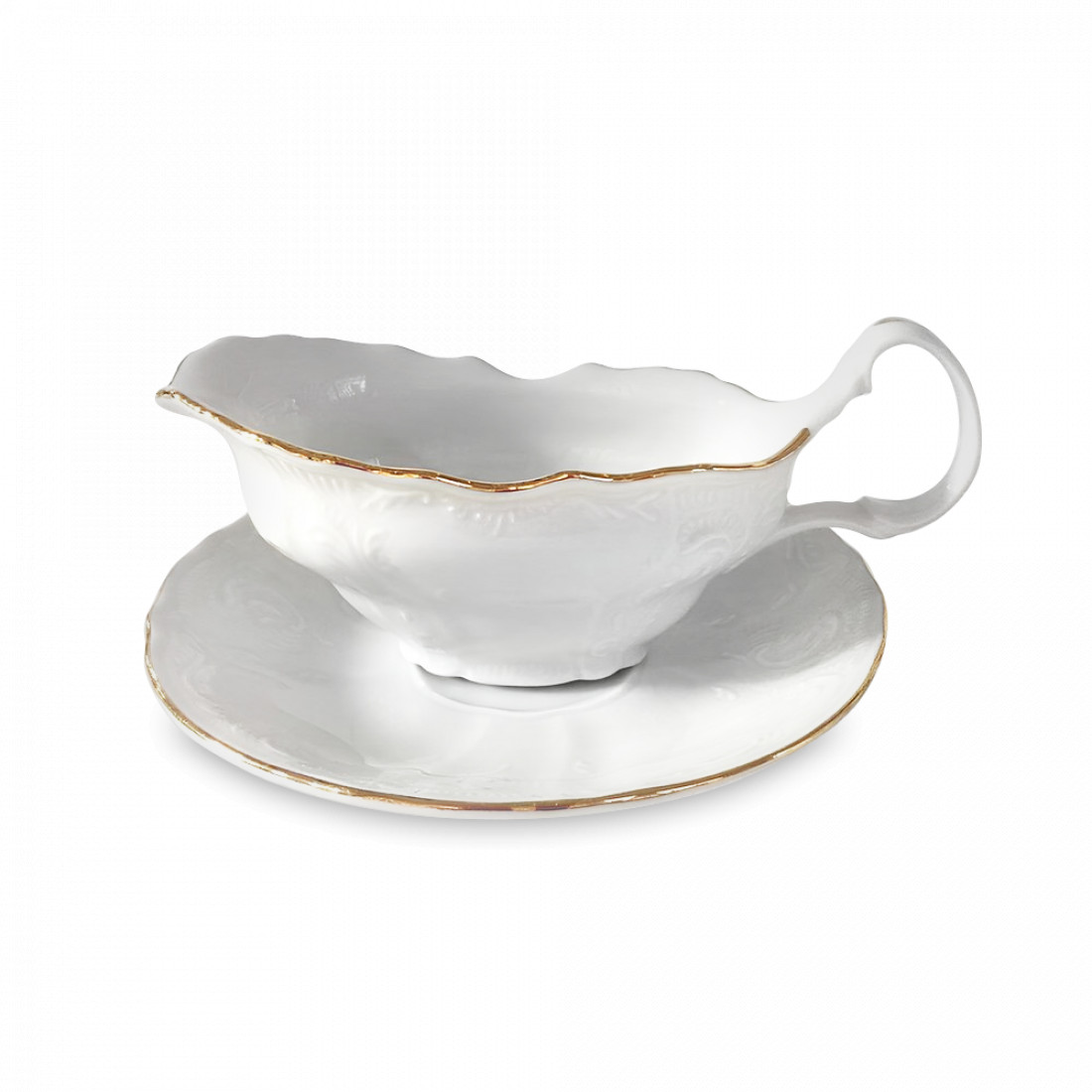 Соусник с подставкой, 50 мл, фарфор, белый, золотой, серия Белый узор, BERNADOTTE, Чехия