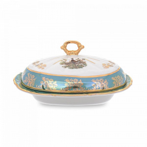 Маслёнка с крышкой Охота, фарфор, зеленый, серия Мария-Тереза, REPAST, Чехия, Мария-Тереза REPAST