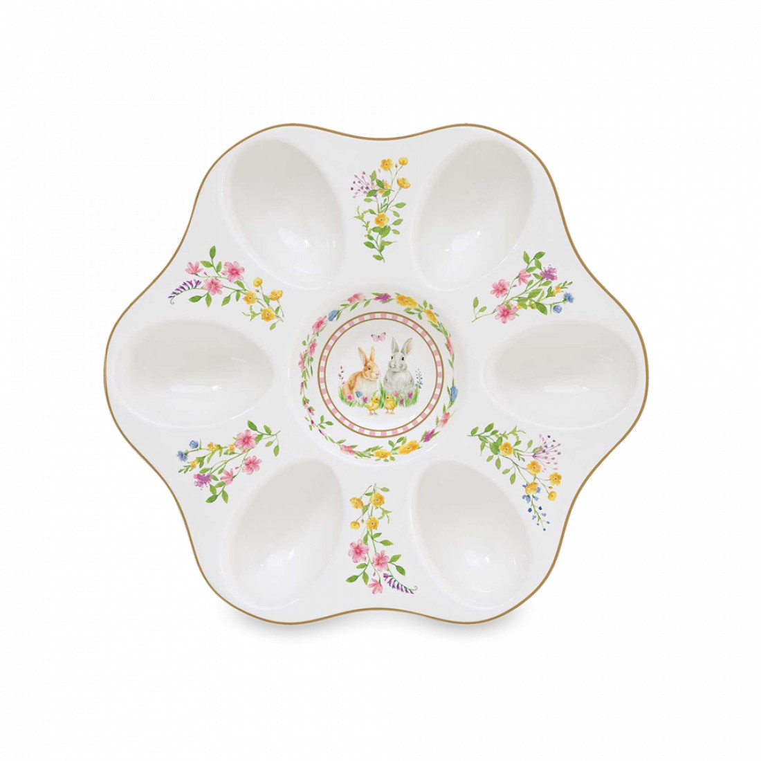 Блюдо круглое для 6-ти яиц Кролики и цветы, 21 см, фарфор, белый, декор, серия Happy Easter, EASY LIFE (R2S), Италия
