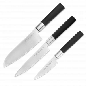 Набор из 3-х кухонных ножей, (нож 10 см, нож 15 см, нож Сантоку 16.5 см) в коробке, серия Wasabi Black, KAI, Япония, Универсальный набор ножей