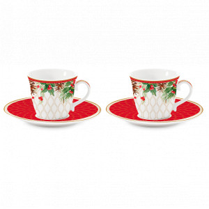 Набор из 2-х кофейных пар, 80 мл, фарфор, белый, декор, серия Рождественские ягоды, EASY LIFE (R2S), Италия, Кофейные пары