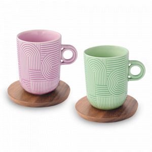Набор из 2-х кружек с подставками, 0,35 л, фарфор, дерево, сиреневый и зелёный, серия Радуга, EASY LIFE (R2S), Италия, Наборы кружек