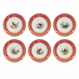 Набор из 6-х суповых тарелок Охота, 23 см, фарфор, красный, серия Мария-Тереза, REPAST, Чехия, Тарелки суповые