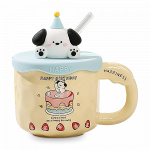 Кружка с крышкой и трубочкой Собачка Happy Birthday, 380 мл, керамика, бежевый, серия Animals, REPAST, Чехия, Кружки REPAST