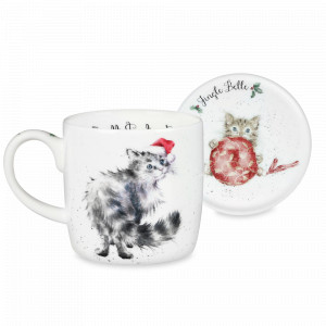 Кружка с подставкой «Рождественская кошечка», 310 мл, костяной фарфор, декор, серия Wrendale Designs, ROYAL WORCESTER, Великобритания, ROYAL WORCESTER (Великобритания)