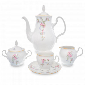 Сервиз кофейный на 6 персон, 17 предметов, фарфор, белый, золотой, серия Дикая роза, BERNADOTTE, Чехия, Скидка до -30% на фарфор BERNADOTTE