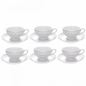 Набор из 6-ти чайных пар, 200 мл, фарфор, белый, серебристый, серия Серебряная сетка, REPAST, Чехия, Серебряная сетка REPAST