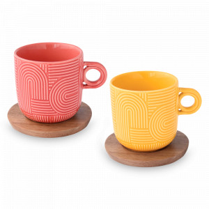 Набор из 2-х кружек с подставками, 0,25 л, фарфор, дерево, красный и желтый, серия Радуга, EASY LIFE (R2S), Италия, Наборы кружек для чая