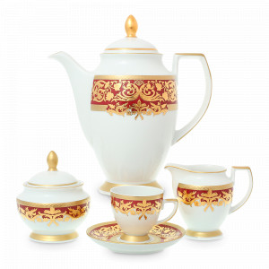 Сервиз кофейный на 6 персон Bordeaux Gold, 17 предметов, фарфор, бордовый, золотой, серия Constanza Natalia, FALKENPORZELLAN, Германия, Наборы столовой посуды