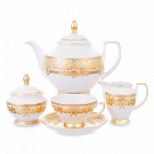 Сервиз чайный на 6 персон Creme Gold, 17 предметов, фарфор, бежевый, золотой, серия Constanza Natalia, FALKENPORZELLAN, Германия, Наборы столовой посуды