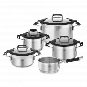 Набор посуды Silence PRO, 9 предметов: 4 кастрюли, 1 ковш, 4 стеклянные крышки, нержавеющая сталь, силикон, серия Silence PRO, ROESLE, Германия, Скидка -20% на посуду Roesle