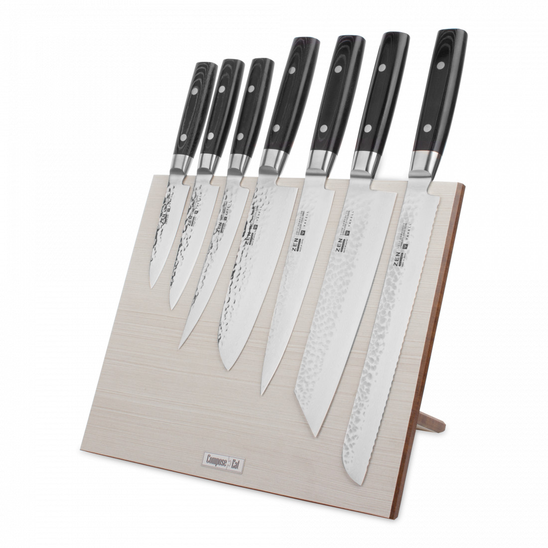 Набор кухонных ножей, 7 штук, на магнитной подставке ComposeEat (белая), серия Zen, YAXELL, Япония