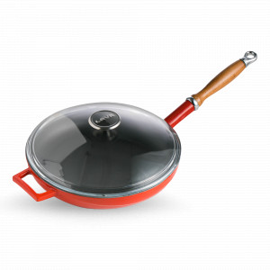 Сковорода с крышкой и двумя ручками, 28 см, чугун, дерево, красный, LAVA, Турция, Большие чугунные сковороды