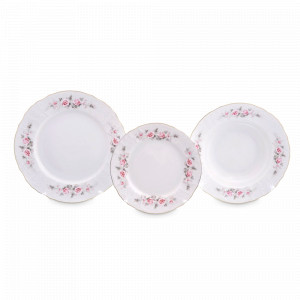 Набор столовый на 6 персон, 18 предметов, фарфор, белый, платиновая отводка, серия Серая роза, BERNADOTTE, Чехия, Чешский фарфор