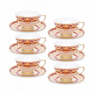 Набор из 6-ти чайных пар Bordeaux Gold, 210 мл, фарфор, бордовый, золотой, серия Constanza Natalia, FALKENPORZELLAN, Германия, Чайные пары из Германии
