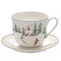 Пара чайная Лыжники в горах, 400 мл, фарфор, белый, декор, серия Chalet, EASY LIFE (R2S), Италия, 