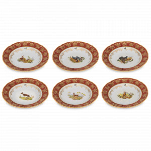 Набор из 6-х суповых тарелок Охота, 23 см, фарфор, красный, серия Мария-Тереза, REPAST, Чехия, Тарелки REPAST