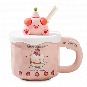 Кружка с крышкой и трубочкой Поросенок Happy Birthday, 380 мл, керамика, розовый, серия Animals, REPAST, Чехия, Кружки REPAST