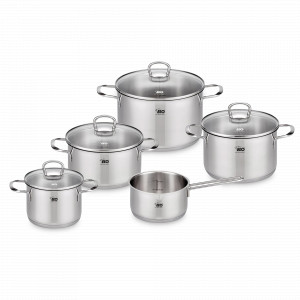 Набор посуды из 9 предметов для индукционных плит, 4 кастрюли, 1 ковш, 4 стеклянные крышки, нержавеющая сталь, серия Jaspis, ELO, Германия, НОВИНКИ