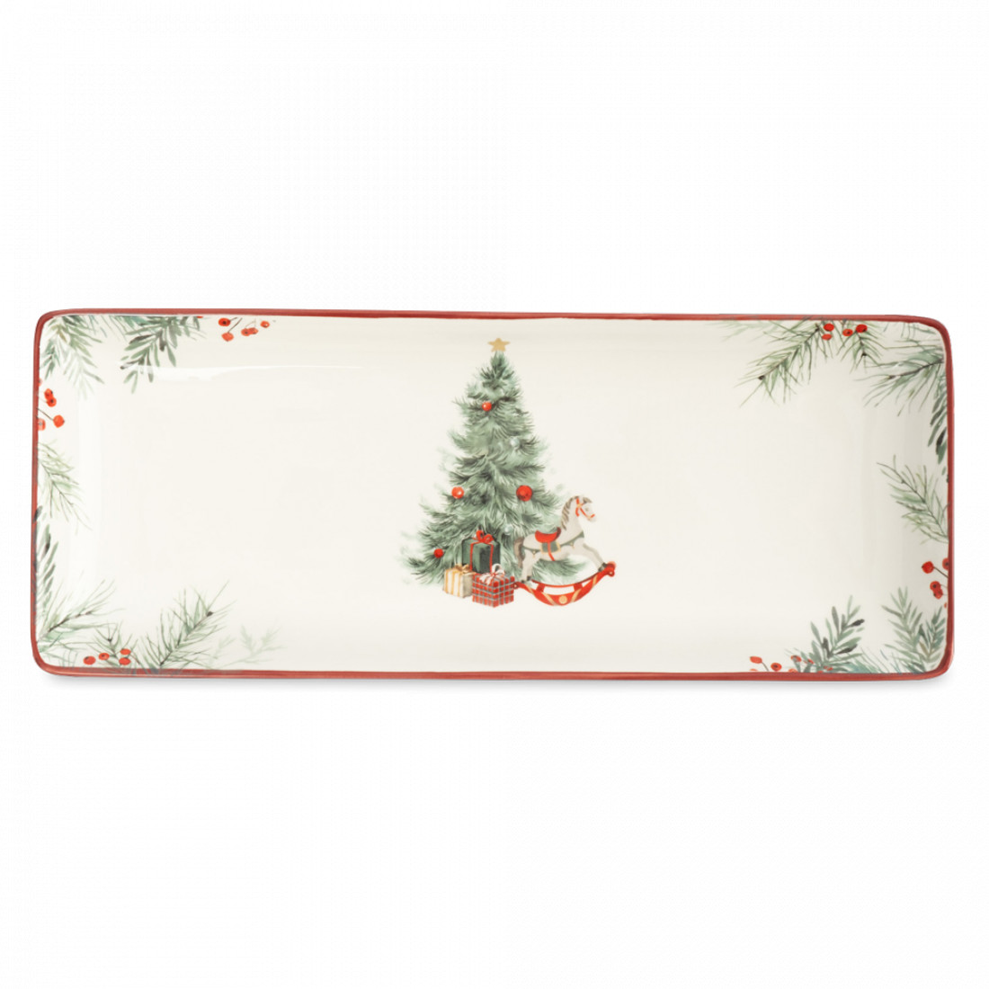 Блюдо прямоугольное «Лошадка у елки», 34 х 13 см, керамика, белый, красный, серия Festival, ANNA LAFARG, Китай