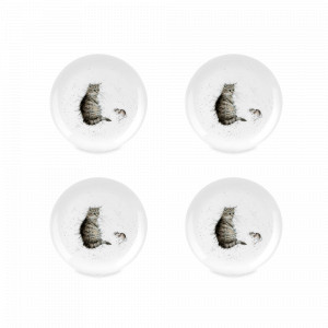 Набор из 4-х закусочных тарелок «Кот и мышь Забавная фауна», диаметр: 20 см, материал: костяной фарфор, цвет: белый, декор, серия Wrendale Designs, ROYAL WORCESTER, Великобритания, ROYAL WORCESTER Wrendale Designs