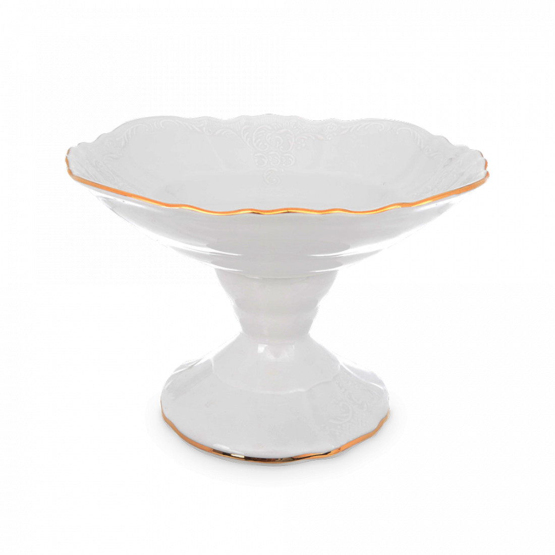 Блюдо для фруктов на ножке, 25 см, фарфор, белый, золотой, серия Белый узор, BERNADOTTE, Чехия