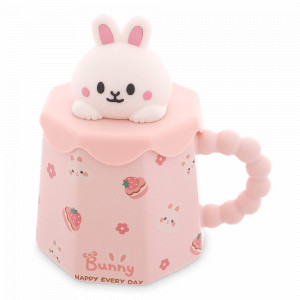 Кружка с крышкой и трубочкой Зайка, 400 мл, керамика, розовый, серия Animals, REPAST, Чехия, Кружки REPAST