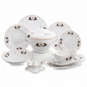 Сервиз столовый на 6 персон, 27 предметов, фарфор, белый, декор, серия Синий глаз, BERNADOTTE, Чехия, Наборы обеденных тарелок