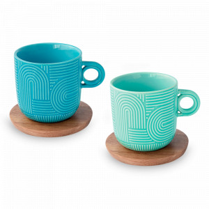 Набор из 2-х кружек с подставками, 0,25 л, фарфор, дерево, мятный и морская волна, серия Радуга, EASY LIFE (R2S), Италия, Итальянский фарфор