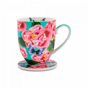 Кружка с подставкой Камелии, 400 мл, фарфор, белый, декор, серия Экзотика, MAXWELL WILLIAMS, Австралия, MAXWELL & WILLIAMS (Австралия)