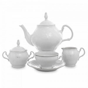 Сервиз чайный на 12 персон, 29 предметов, фарфор, белый, декор, серия Платиновый узор, BERNADOTTE, Чехия, Наборы столовой посуды