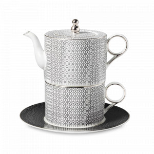 Набор Эгоист из чайника 300 мл, чашка 200 мл, блюдце 16 см, фарфор, серый, платиновый кант, серия Вола, DECOR DE TABLE, Россия, Чайники заварочные