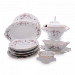 Сервиз столовый на 6 персон, 27 предметов, фарфор, белый, золотой, серия Дикая роза, BERNADOTTE, Чехия, Наборы обеденных тарелок