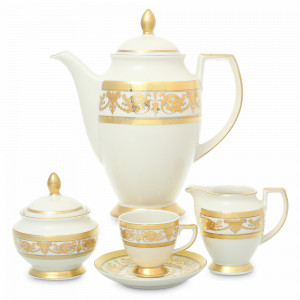 Сервиз кофейный на 6 персон Creme Gold, 17 предметов, фарфор, кремовый, золотой, серия Imperial, FALKENPORZELLAN, Германия, Наборы столовой посуды