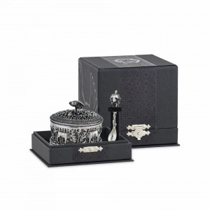 Солонка с ложкой "Сова", латунь, серебристый, серия Охотничий домик, Кольчугинский Мельхиор, Россия, Предметы сервировки Кольчугинский мельхиор