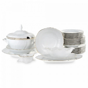 Сервиз столовый на 6 персон, 26 предметов, фарфор, белый, золотой, серия Белый узор, BERNADOTTE, Чехия, Скидка до -30% на фарфор BERNADOTTE