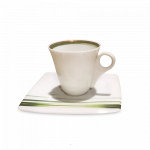 Пара кофейная, 100 мл, фарфор, белый, зеленый, серия Rayures Vegetal, GUY DEGRENNE, Франция, GUY DEGRENNE (Франция)