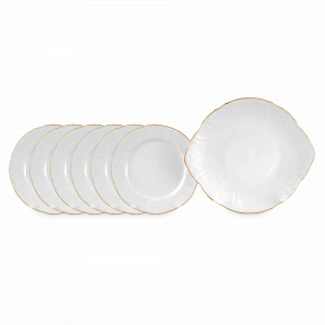 Набор для торта, 7 предметов, фарфор, белый, золотой, серия Белый узор, BERNADOTTE, Чехия, Чешский фарфор