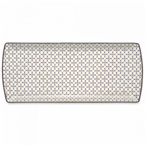 Блюдо прямоугольное Квадраты, 35 х 15 см, фарфор, белый, синий, золотой кант, серия Charles, Pozzi Milano 1876, Италия, POZZI MILANO 1876 (Италия)