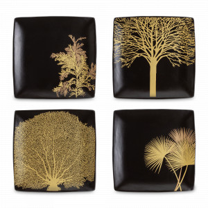 Набор из 4-х закусочных квадратных тарелок, 21 см, фарфор, чёрный, золотой, серия Singapore, WD Lifestyle, Италия, WD Lifestyle