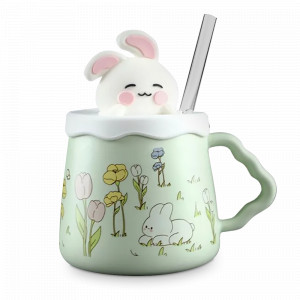 Кружка с крышкой и трубочкой Зайка, 420 мл, керамика, зеленый, серия Animals, REPAST, Чехия, Кружки REPAST