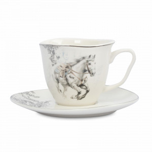 Пара чайная «Конь», 250 мл, фарфор, белый с серебристым кантом, серия Horse, ANNA LAFARG, Китай, Чайные пары
