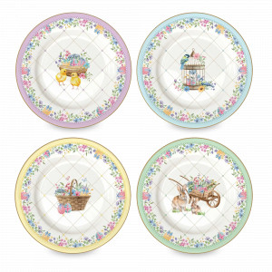 Набор из 4-х закусочных тарелок Кролики и цыплята, 19 см, фарфор, белый, декор, серия Spring Bloom, EASY LIFE (R2S), Италия, Красивые тарелки для сервировки