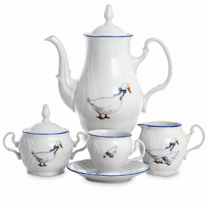 Сервиз кофейный на 6 персон, 17 предметов, фарфор, белый, декор, серия Гуси, BERNADOTTE, Чехия, Скидка до -30% на фарфор BERNADOTTE