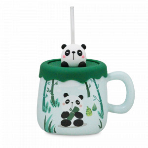 Кружка с крышкой и трубочкой Панда, 380 мл, керамика, зеленый, серия Animals, REPAST, Чехия, Кружки REPAST