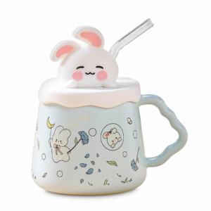 Кружка с крышкой и трубочкой Зайка, 420 мл, керамика, голубой, серия Animals, REPAST, Чехия, Кружки REPAST
