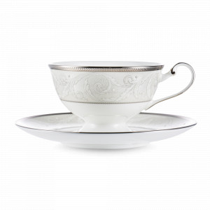 Пара чайная Платиновый ноктюрн, 230 мл, костяной фарфор, белый, декор, серия Ноктюрн, NARUMI, Япония, Чайные пары фарфоровые из Японии