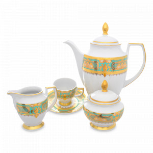 Сервиз кофейный на 6 персон Seladon Gold, 17 предметов, фарфор, оливковый, золотой, серия Constanza Donna, FALKENPORZELLAN, Германия, Наборы столовой посуды